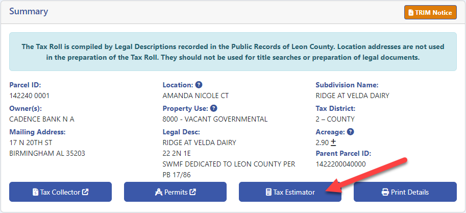 Please go to the search site using either Property or Sales search button below. Once on a parcel please use the Tax Estimator button on the details page.